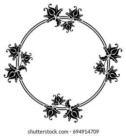 Black and white silhouette round frame with decorative flowers. Vector clip art.