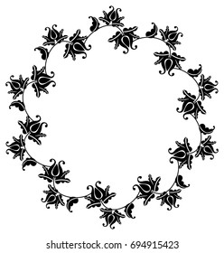 Black and white silhouette round frame with decorative flowers. Vector clip art.