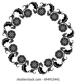 Black and white silhouette round frame with decorative flowers. Vector clip art.