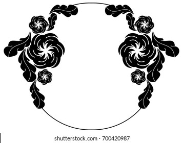 Black and white silhouette round frame with decorative flowers. Vector clip art.