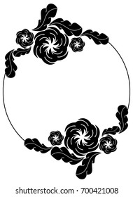 Black and white silhouette round frame with decorative flowers. Vector clip art.
