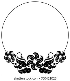 Black and white silhouette round frame with decorative flowers. Vector clip art.