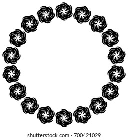 Black and white silhouette round frame with decorative flowers. Vector clip art.