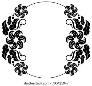 Black and white silhouette round frame with decorative flowers. Vector clip art.