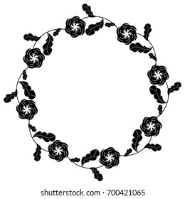 Black and white silhouette round frame with decorative flowers. Vector clip art.