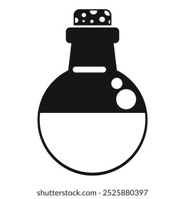 Black and white silhouette of a round glass bottle containing bubbling potion with cork stopper