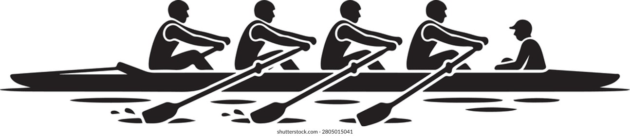 Black and white silhouette of a rowing team with four rowers and a coxswain in a long boat on water on a white background