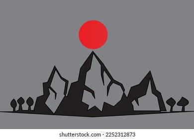 Black and white silhouette of Rugged mountains hard to reach and landscape sun.  Silhouette of mountains and trees in full sun. Minimalist vector linear illustration.