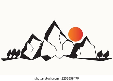 Black and white silhouette of Rugged mountains hard to reach, sun and winter landscape. Silhouette of mountains and trees in full sun. Vector illustration firs snow and winter travel.