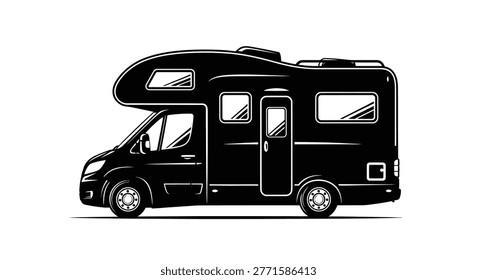 a black and white silhouette of an rv isolated on a white background showing windows doors wheels and roof details high-quality professional detailed modern
