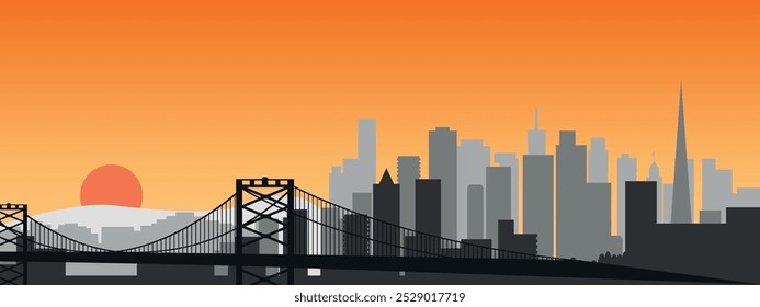 Silueta en blanco y negro del horizonte de la ciudad de San Francisco con puente sobre fondo naranja. Gráficos de Vector