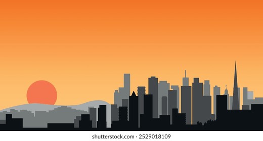 Silueta en blanco y negro del horizonte de la ciudad de San Francisco en el fondo de la gran puesta de sol naranja. Gráficos de Vector