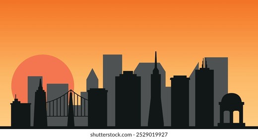 Silueta en blanco y negro del horizonte de la ciudad de San Francisco en el fondo de la gran puesta de sol naranja. Gráficos de Vector