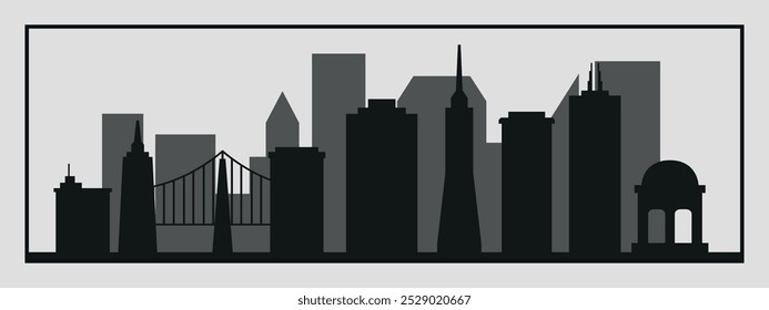 Silueta en blanco y negro del horizonte de la ciudad de San Francisco sobre fondo gris. Gráficos de Vector