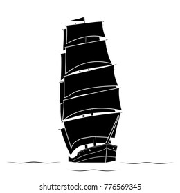 Black and white silhouette of the ship of a two-masted sailboat, painted sails, hull, portholes, masts, waves, flag. Front view.