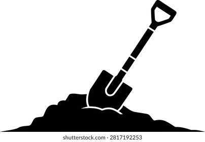 Black and white silhouette of a shovel digging into a pile of dirt soil gardening