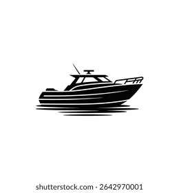 A black and white silhouette showcases a modern motorboat with an antenna and cabin cruising on water represented by horizontal lines, creating a nautical design.