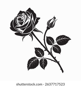Black and white silhouette of a single rose with bud and leaves
