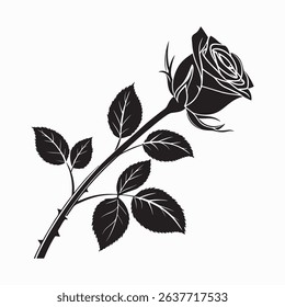 A black and white silhouette of a single rose with thorns and leaves