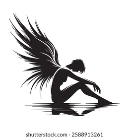 Black and white silhouette of a sitting angel with large beautiful wings. Isolated angel silhouette on white background. Vector design.