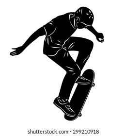 black and white silhouette skateboarder man , jumps on skateboard, white background 