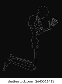 A black and white silhouette of a skeleton in a praying pose, arms outstretched and head bowed against a dark background. The contour design emphasizes simplicity and emotion, creating a striking.