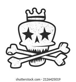 Black and white silhouette of skull with bones, star-shaped eyes and crown on head. Design for tattoo, sticker, badge