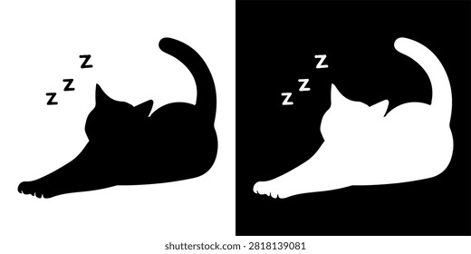 Black and white silhouette of a sleeping cat with Zzz symbols indicating rest and relaxation, suitable for pet or sleep-related themes.