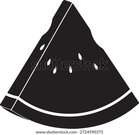 A black and white silhouette of a slice of watermelon with seeds visible. The slice is triangular with a curved bottom edge and a rind.