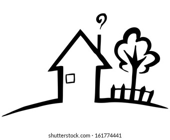 Black and white silhouette of a small house and a tree