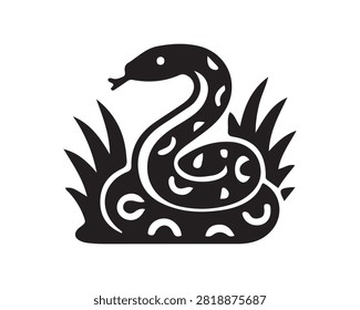 Black and white silhouette of a snake in grass icon with silhouette wildlife illustration minimalist slithering venomous predator isolated creative creature reptilian environment