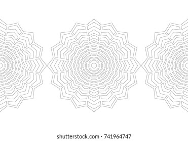 Black and white silhouette of snowflakes. Lace, round ornament and decorative border.