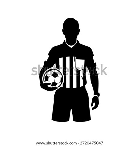 A black and white silhouette of a soccer referee in uniform holding a soccer ball.