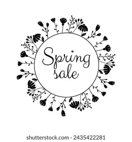 Black and white, silhouette spring sale, frame with floral border with lettering and different colors for poster, banner, advertisement