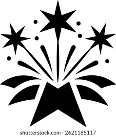 Black and white silhouette, starbursts, fireworks design on white background