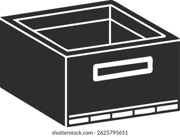 Black and white silhouette of a storage bin or open box design for storing things.