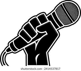 Black and white silhouette style vector eps graphic design of a hand tight gripped in a fist holding a microphone. 