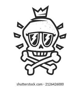 Black and white silhouette of stylish funny skull with christened bones wearing glasses and crown on its head. 