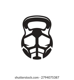 Black and white silhouette of a stylized kettlebell with a muscular torso design