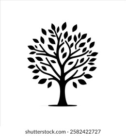 Black and white silhouette, stylized tree illustration, symmetrical branches, oval leaves, grass at base, minimalist design
