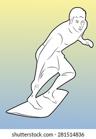 black and white silhouette surfer man on surfboard, color background 