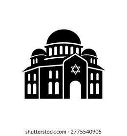A black and white silhouette of a synagogue building featuring a prominent Star of David above the entrance.