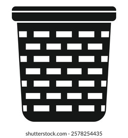 Black and white silhouette of a tall empty wicker basket with a lid, useful for laundry, picnics, or storage