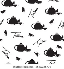 Black and White Silhouette Tea Service Pattern. Ideal for kitchen textiles, wallpaper, or any project that calls for a touch of warmth and relaxation, enjoy a quiet moment with your favorite brew.