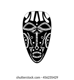 Black - white silhouette of a terrible old traditional masks of African voodoo shaman with religious patterns and native ornaments