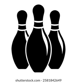 black and white silhouette of three bowling pins arranged in a row design