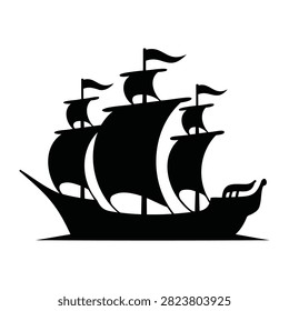 Black and white silhouette of three masts sailing ship on transparent background