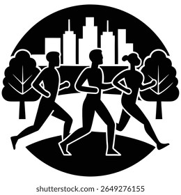 A black and white silhouette of three people jogging in a park with trees and a city skyline in the background.