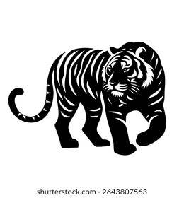 Black and white silhouette of a tiger walking.Vector illustration isolated on white background.