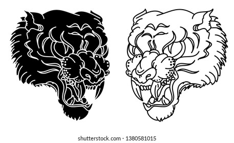 Black and white silhouette tiger.Traditional Japanese tiger head for printing on shirt on white background.